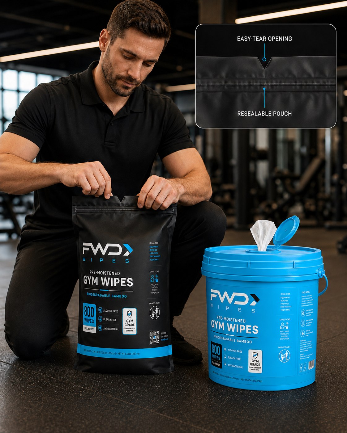 FWD Wipes refill bag and dispenser bucket on the gym floor